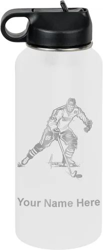 Miniatura 12 de LaserGram Botella de agua personalizada, jugador de hockey, acero inoxidable de doble pared aislada al vacío con popote superior, regalo grabado