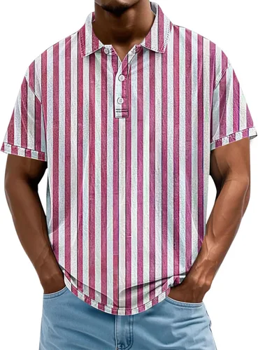 Miniatura 13 de Camisa polo de manga corta para hombre, camiseta de golf a rayas, de manga corta, para vacaciones, casual, cuello en V, camiseta de verano con Rojo
