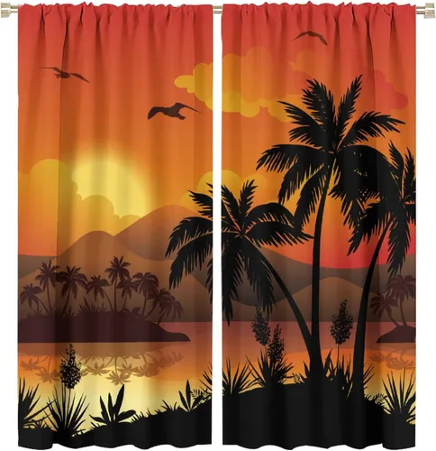 Miniatura 13 de Cortinas de playa con estampado de plantas tropicales y árboles de coco, paisaje natural, con bolsillo para barra, 2 paneles, decoración