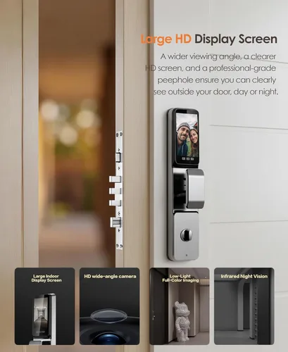 Miniatura 6 de Cerradura inteligente de reconocimiento facial 3D con cámara y manija, timbre de video, entrada sin llave 7 en 1, impermeable IP67, pantalla HD