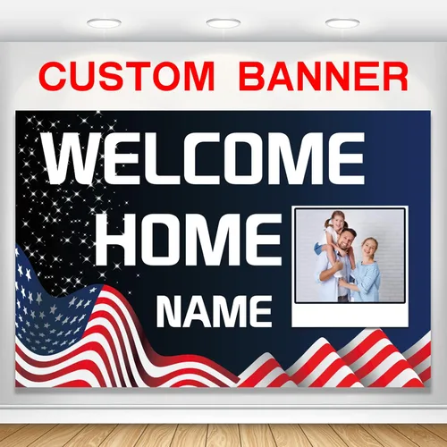 Miniatura 13 de Pancarta personalizada de bienvenida a casa, señal de bienvenida a casa en negro y oro para decoración exterior, suministros de fiesta de regreso