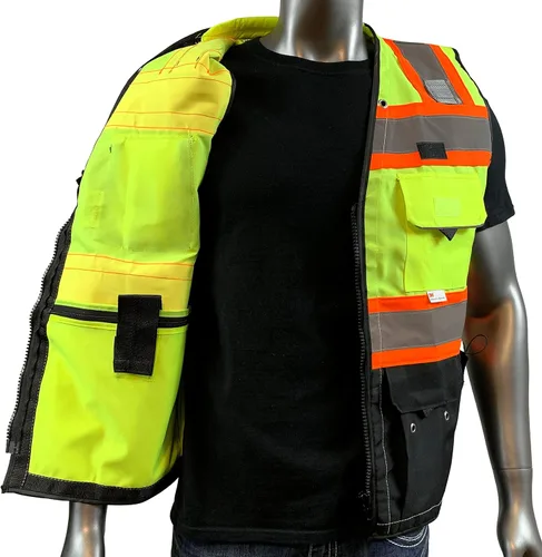 Miniatura 5 de (Chaleco C para hombre, serie negra, chaleco de seguridad con cremallera y bolsillos utilitarios, chaleco de agrimensura serie negra de primera