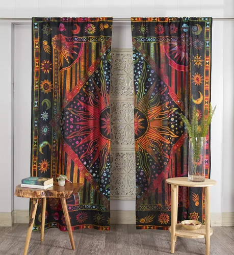 Miniatura 9 de Popular Handicrafts – Cortinas de ventana con diseño de mandala hippie indio, estilo bohemio, sol ardiente, luna gitana, hermosas cortinas