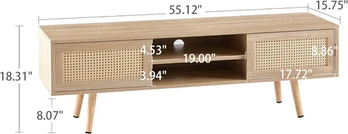 Miniatura 4 de Soporte de TV de ratán natural para TV de 60 pulgadas, centro de entretenimiento bohemio con almacenamiento, soporte de TV moderno de mediados