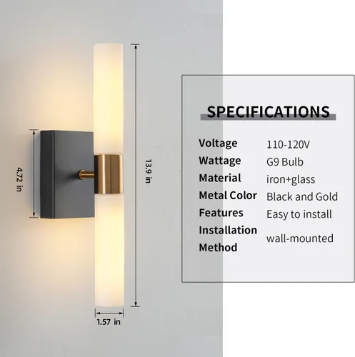 Miniatura 7 de KUZZULL Juego de dos apliques de pared negros y de latón con pantalla de vidrio esmerilado blanco lámpara de pared moderna para baño, sala de estar