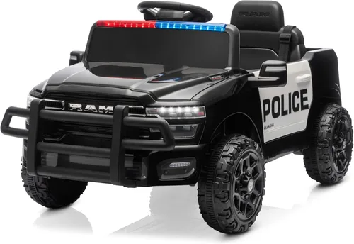 Kidzone Camión de Policía de 12V para Montar, Camión Eléctrico RAM 3500 con Licencia para Niños con Control Remoto, Música Bluetooth, Luces LED,