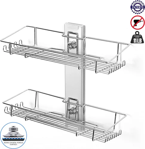 Miniatura 2 de BATHBEYOND Estante de ducha con ventosa – Estante de ducha ajustable de acero inoxidable 400 sin perforación y adhesivo extra para una succión más
