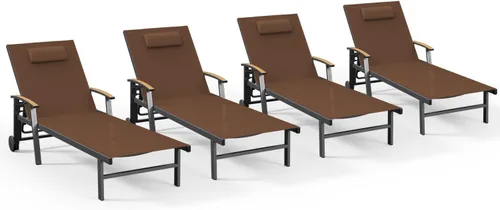 Miniatura 34 de Ciokea Sillón para exteriores con almohada, tumbona de aluminio de 5 posiciones con ruedas y reposabrazos, silla de piscina resistente de 400 libras