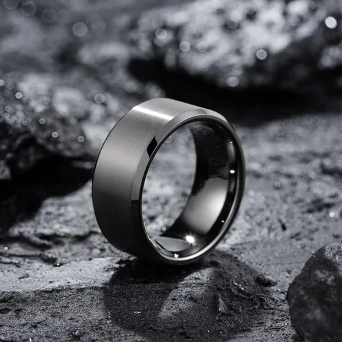 Miniatura 124 de King Will Anillo de boda de tungsteno para hombre, disponible en 15/64 a 25/64 de pulgada (6 a 10 mm), negro/plata, acabado mate, borde pulido
