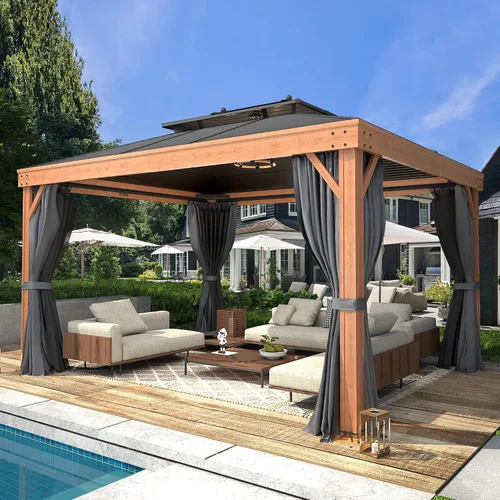 Miniatura 11 de YOLENY Cenador de techo rígido de 12 x 10 pies, toldo para exteriores, techo de acrílico y acero galvanizado, marco de aluminio con cortinas y red