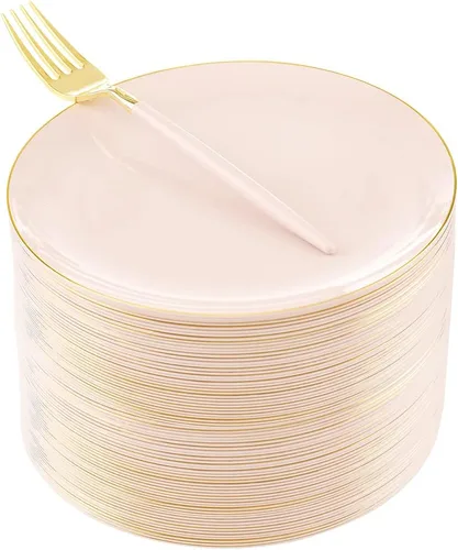 Miniatura 9 de LIYH 100 Platos de Postre de Plástico Burdeos Dorado con 100 Tenedores de Postre Dorados, Platos de Ensalada Rojos Desechables Incluye 100 Platos
