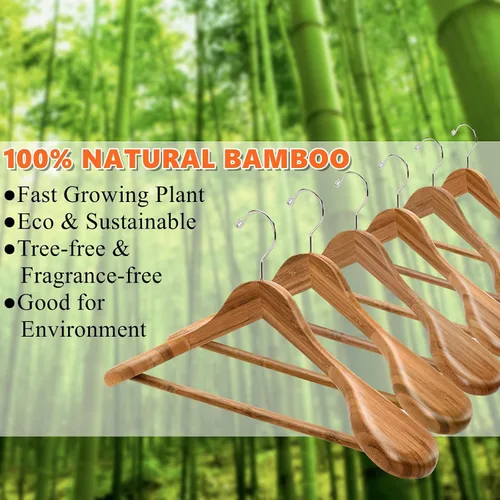 Miniatura 5 de Amber Home Paquete de 6 Perchas de Traje de Madera de Bambú Natural de Hombros Anchos, Perchas de Ropa de Bambú con Barra para Pantalones, Perchas