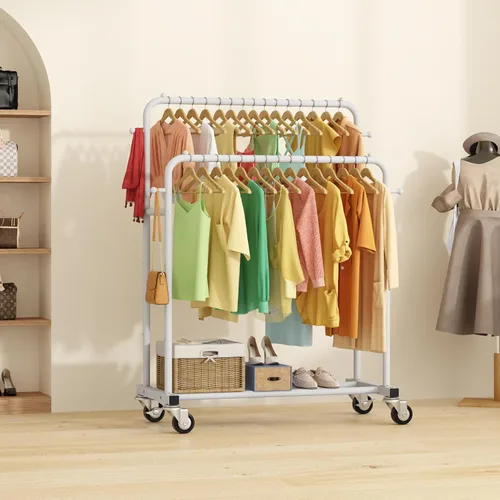 Miniatura 9 de Laiensia - Perchero de doble varilla con ruedas, estante para colgar ropa, con 4 ganchos, estante multifuncional para ropa de dormitorio