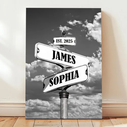 Miniatura 16 de Póster de Lienzo de Señal de Calle Vintage con Nombre Personalizado para Pareja, Póster de Lienzo de Señales de Calle de Encrucijada con Fecha
