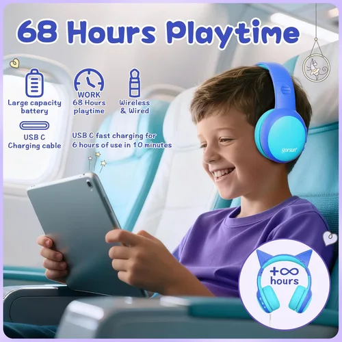 Miniatura 5 de Auriculares Bluetooth para Niños, Auriculares Over-Ear para Niños Pequeños con Micrófono, Volumen Limitado 85dB/94dB, 68H de Reproducción, Bluetooth