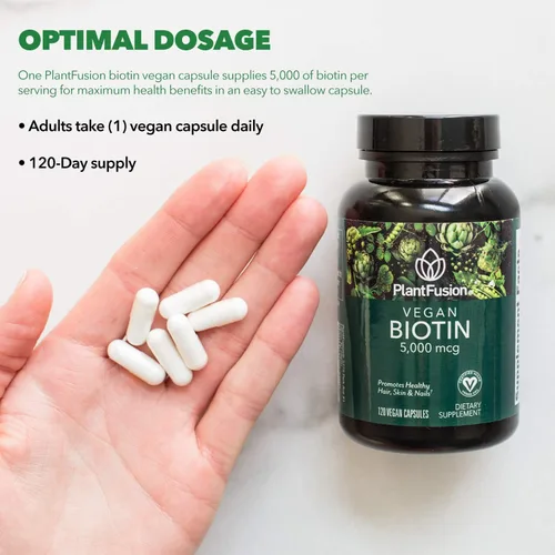 Miniatura 4 de PlantFusion Biotina vegana de biotina vegana prémium para mujeres y hombres (5000 mcg), vitaminas naturales para la piel y las uñas, 120 cápsulas