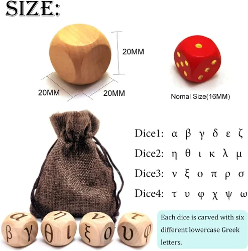 Miniatura 3 de Juego de dados de madera del alfabeto griego, 24 letras griegas talladas, cubos rodantes para juegos de fiesta de enseñanza
