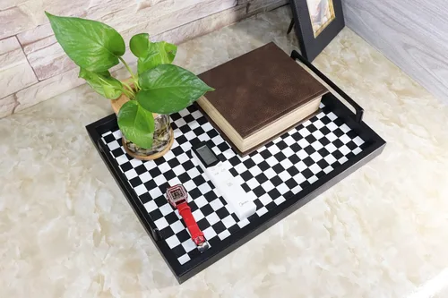 Miniatura 4 de MCBZ Bandeja decorativa para mesa de centro de sala de estar, bandeja de servicio de alimentos, bandeja otomana de cuero, con asas de metal de 16.5