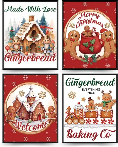 PLKMN Juego de 4 decoraciones de pared de hombre de jengibre navideño, decoraciones vintage de cocina de 8 x 10 pulgadas (sin marco)