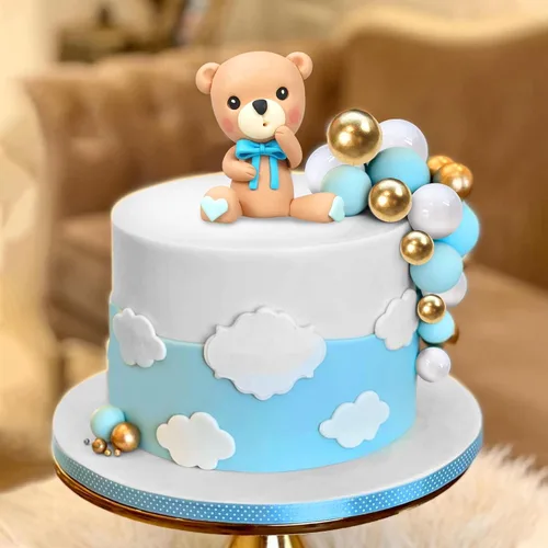 Miniatura 7 de Decoración para tartas de oso, decoración de pastel de oso con letras azules, esferas doradas y azules y blancas de perlas para suministros