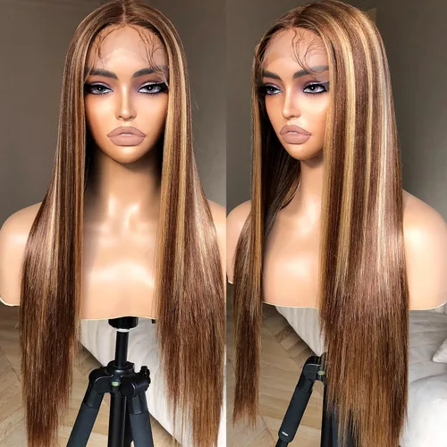 Miniatura 6 de BrownBomb Peluca balayage rubio miel con encaje frontal prearrancada, peluca sintética con encaje frontal, HD sin pegamento 13X5X1 pelucas de encaje