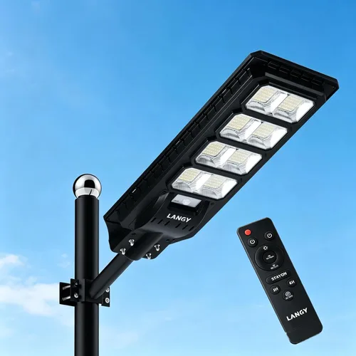 LANGY Luces de calle solares LED de 200 W, 360 piezas LED de alto brillo con energía solar para exteriores, luz de calle LED de seguridad del