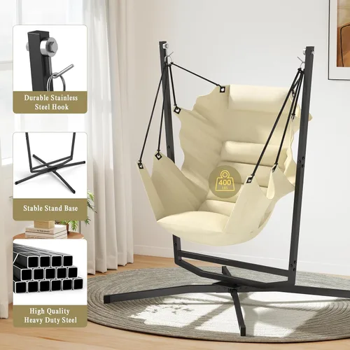 Miniatura 6 de Silla Hamaca Giratoria de 360° con Soporte - Silla Colgante Cómoda con Cojines (Capacidad de 400 libras) para Uso Interior/Exterior - Perfecta