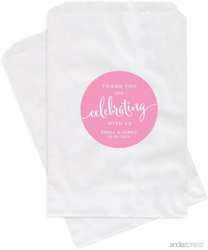 Miniatura 27 de Andaz Press Bolsas de regalo personalizadas para mesa de postre, agradecimiento por celebrar con nosotros, aguamarina, paquete de 24, personalizadas