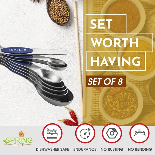 Miniatura 3 de Spring Chef Juego de 8 cucharas medidoras magnéticas de acero inoxidable con nivelador, cucharadita resistente y cucharada medidora con imanes N45