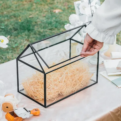 Miniatura 4 de NCYP - Caja de tarjetas de vidrio con tapa para micro boda, cumpleaños, recepción de fiesta, 10.2 x 5.9 x 8.2 pulgadas, tarjetero con forma de casa