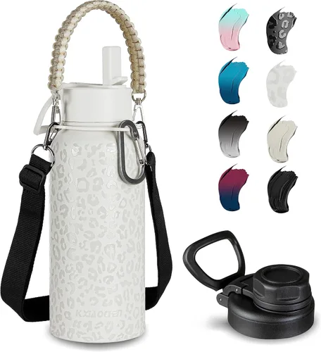 Miniatura 32 de KXIAOCHEN Botella de agua aislada, botella de agua de acero inoxidable, 2 tapas (con pajilla y tapa con asa), botellas de agua metálicas de boca