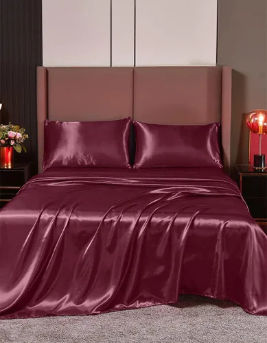 Miniatura 23 de Juego de sábanas de satén de seda de 4 piezas Sábana bajera Sábana encimera Funda de almohada Calidad de hotel sedoso suave y lujoso