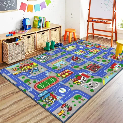 Miniatura 10 de Capslpad Alfombra Azul de Coche y Carretera para Niños, Alfombra de Juego para Sala de Juegos, Alfombra Antideslizante Lavable con Mapa de la Ciudad