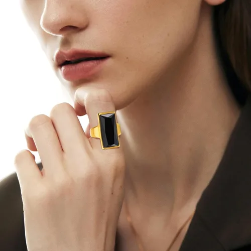 Miniatura 2 de VNOX Anillo de ónix rectangular de acero inoxidable chapado en oro de cristal negro vintage para mujer
