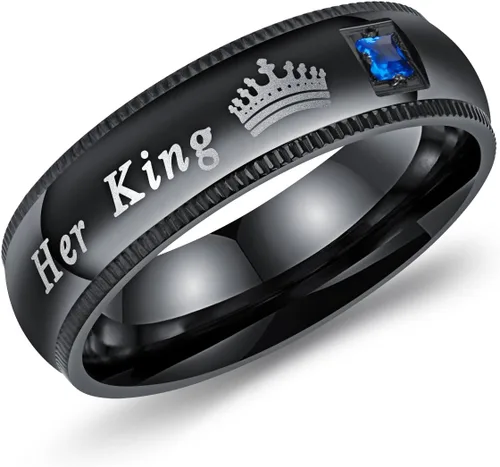 Miniatura 2 de Conjunto de 2 anillos negros de acero inoxidable para parejas, de compromiso, de boda, frase en inglés His Queen y Her King