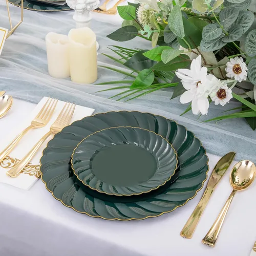 Miniatura 9 de YOUBET 150 platos de plástico verde esmeralda, vajilla desechable verde y dorado que incluye 50 platos, 25 cuchillos, 25 tenedores, 25 cucharas, 25