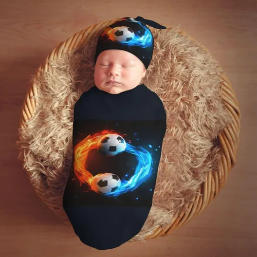 Miniatura 7 de Manta para envolver con pelota de fútbol para recién nacido, con juego de gorro, saco de dormir suave para bebé, elástico y ajustable, mantas