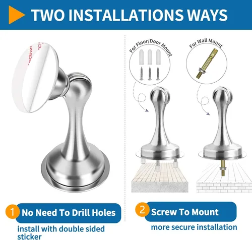 Miniatura 5 de Topes de puerta, paquete de 6, tope magnético de puerta, soporte de puerta de acero inoxidable para pared con cinta adhesiva de doble cara, sin