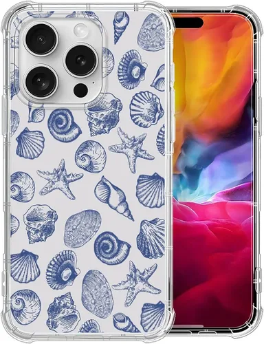 Miniatura 13 de DAIZAG Funda compatible con iPhone 13 Pro Max, bonita funda azul de conchas marinas para niñas y mujeres, funda transparente suave y transparente