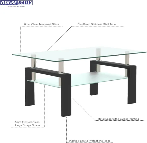 Miniatura 3 de ODUSE-DAILY Morden Design - Mesa auxiliar rectangular de cristal para sala de estar, con patas de metal negro, vidrio templado transparente