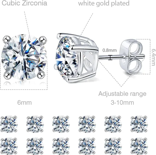 Miniatura 41 de Aretes de tuerca chapados en oro blanco de 18 quilates de 3 a 0.315 in con circonita cúbica redonda, paquete de 6 pares