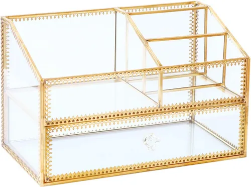 Miniatura 2 de Caja de cristal dorada, bandeja de vidrio, organizador de exhibición de maquillaje en la cómoda, almacenamiento cosmético multifuncional