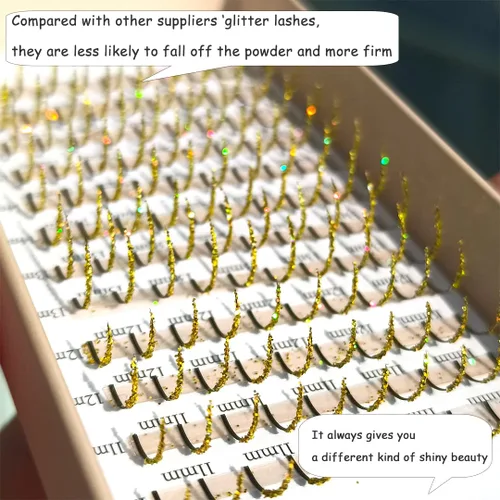 Miniatura 3 de Extensiones de pestañas con punta dorada con purpurina, rizo D 0.20 de 0.43-0.630 pulgadas de longitud mixta, 120 unidades de imitación de visón