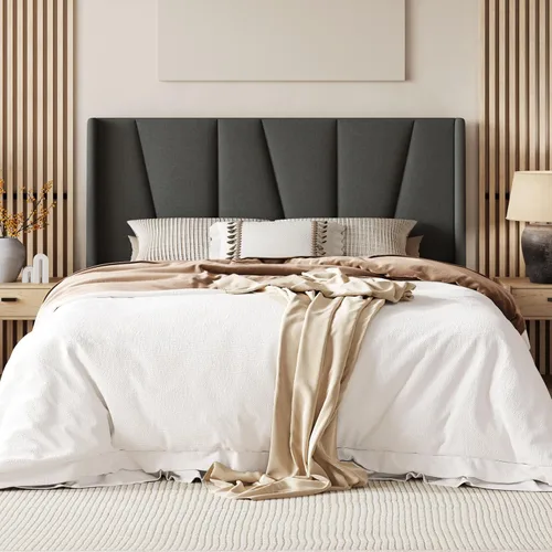 Miniatura 12 de Allewie Marco de Cama de Plataforma de Terciopelo Tamaño Queen con Cabecera Wingback Geométrica, Cama Tapizada Boho con Soporte de Listones de Negro
