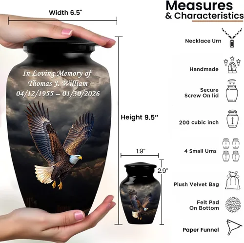 Miniatura 4 de Personalized Custom American Eagle Urn Set of 6 - Hand-Engraved Black Eagle Urns for Human Ashes Adult Female & Male, Includes 1 Large Adult Urn