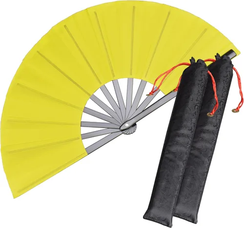 Miniatura 9 de Paquete de 2 ventiladores de mano plegables grandes, ventilador chino negro de Kung Fu Tai Chi, abanicos de tela de nailon para hombres y mujeres