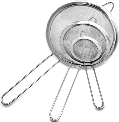 Makerstep Juego de 3 coladores de malla fina de acero inoxidable, tamaños graduados de 3.38 pulgadas, 5.5 pulgadas, 7.87 pulgadas, tamiz de alambre