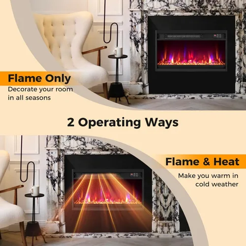 Miniatura 8 de COSTWAY Calentador de chimenea empotrado de 23 pulgadas, inserto de chimenea eléctrica con llama multicolor y cama de brasas de cristal, control