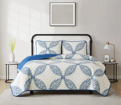 CANNON Abigail - Juego de edredón de poliéster de 2 piezas, color crema y azul, tamaño individual/individual XL, con temática floral, para hombres y