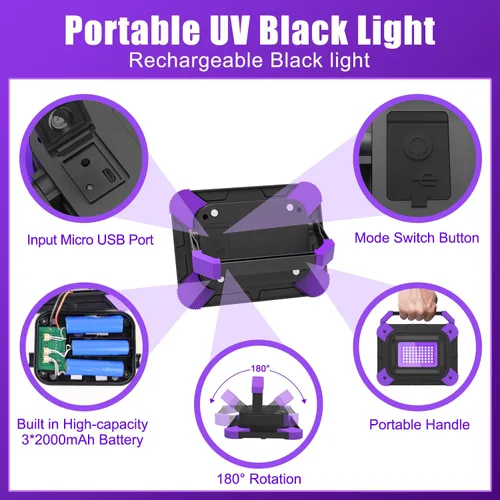 Miniatura 7 de T-SUN Luces negras recargables, luces negras alimentadas por batería para fiesta brillante, pesca, luz negra inalámbrica, luz ultravioleta